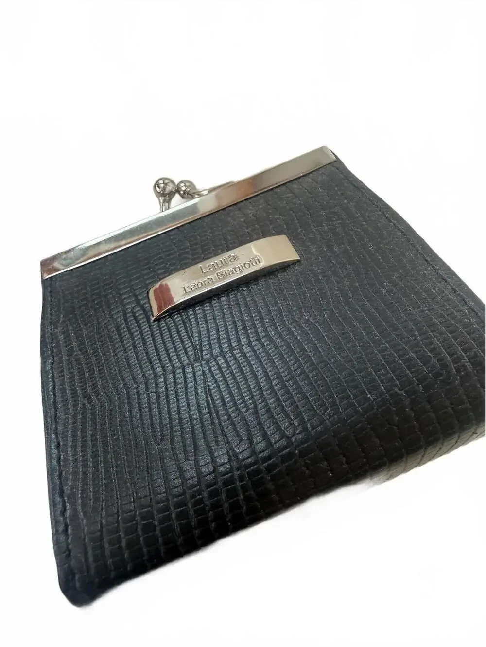 VINTAGE LAURA BIAGIOTTI BLACK LEATHER COIN PURSE LIZARD EMBOSSED KISS LOCK ITALY